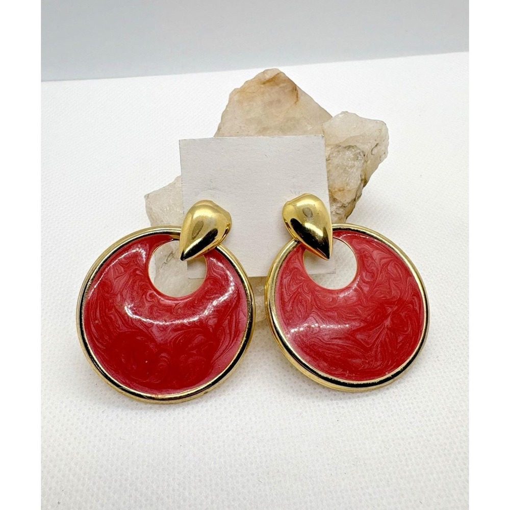 Vintage Salmon Pink Swirl Enamel Gold Tone‎ Hoop Drop Earrings Statement 80s 90s